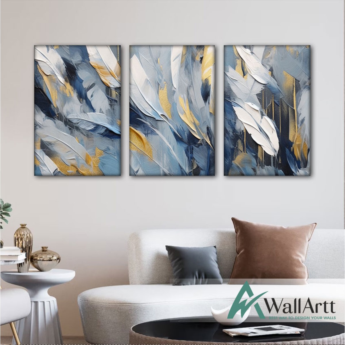 Blue White Feather 3 Piece 3d Heavy Textured Partial Oil Painting